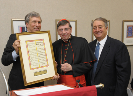 Jewish Theological Seminary Chancellor Arnold Eisen, His Eminence Kurt Cardinal Koch, and Howard Milstein.