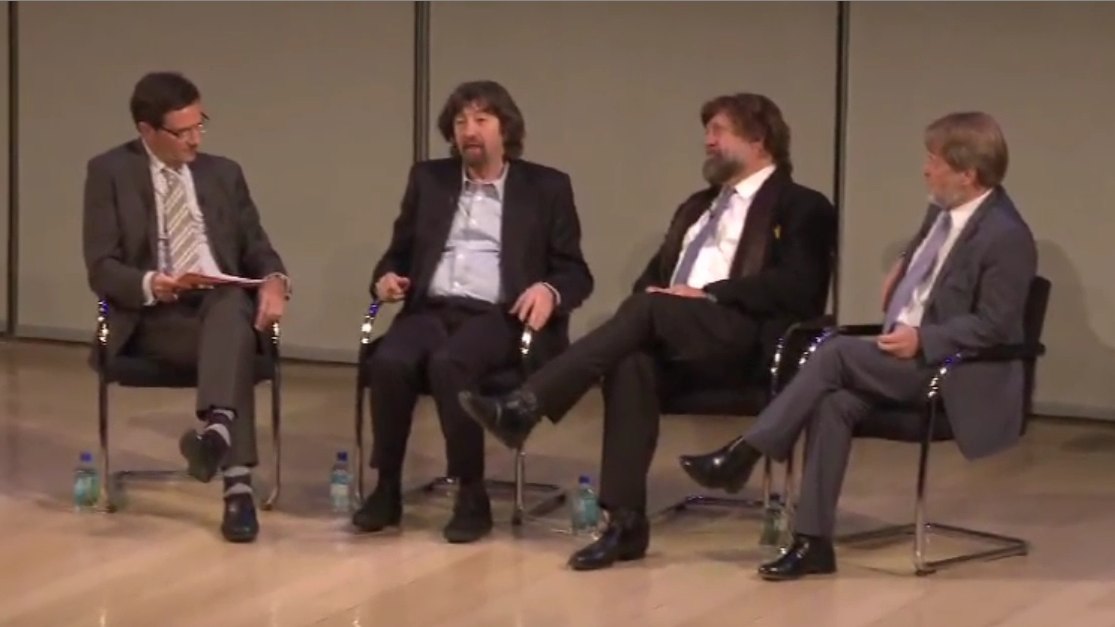 Stephen Segaller, vice president for programming of WNET, moderates a panel discussion with Sir Trevor Nunn, host of <i>Shakespeare Uncovered: The Tempest</i> and noted director; Oskar Eustis, artistic director of The Public Theater/New York Shakespeare Festival; and Richard Denton, <i>Shakespeare Uncovered</i> producer (left to right).'