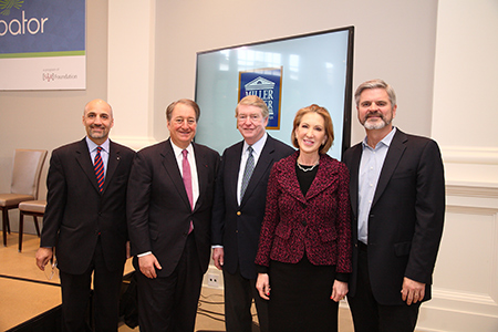 William Antholis, executive director of The Miller Center; Howard Milstein; Gene Fife, Chair, The Miller Center; Carly Fiorina, Steve Case (left to right)