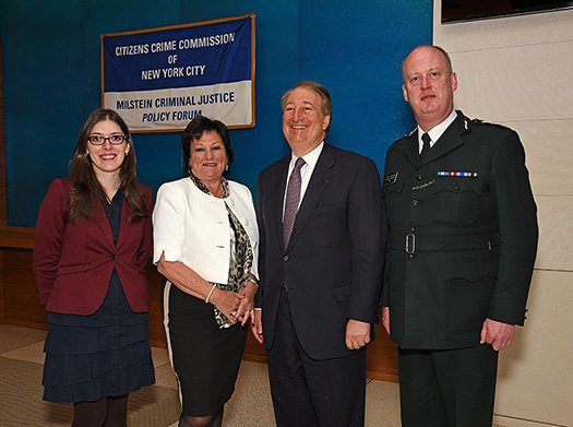 Ashley Cannon, Director of Public Policy, Citizen's Crime Commission; Anne Connolly, Chair of the Northern Ireland Policing Board; Howard Milstein; Chief Constable George Hamilton, Police Service of Northern Ireland (left to right).